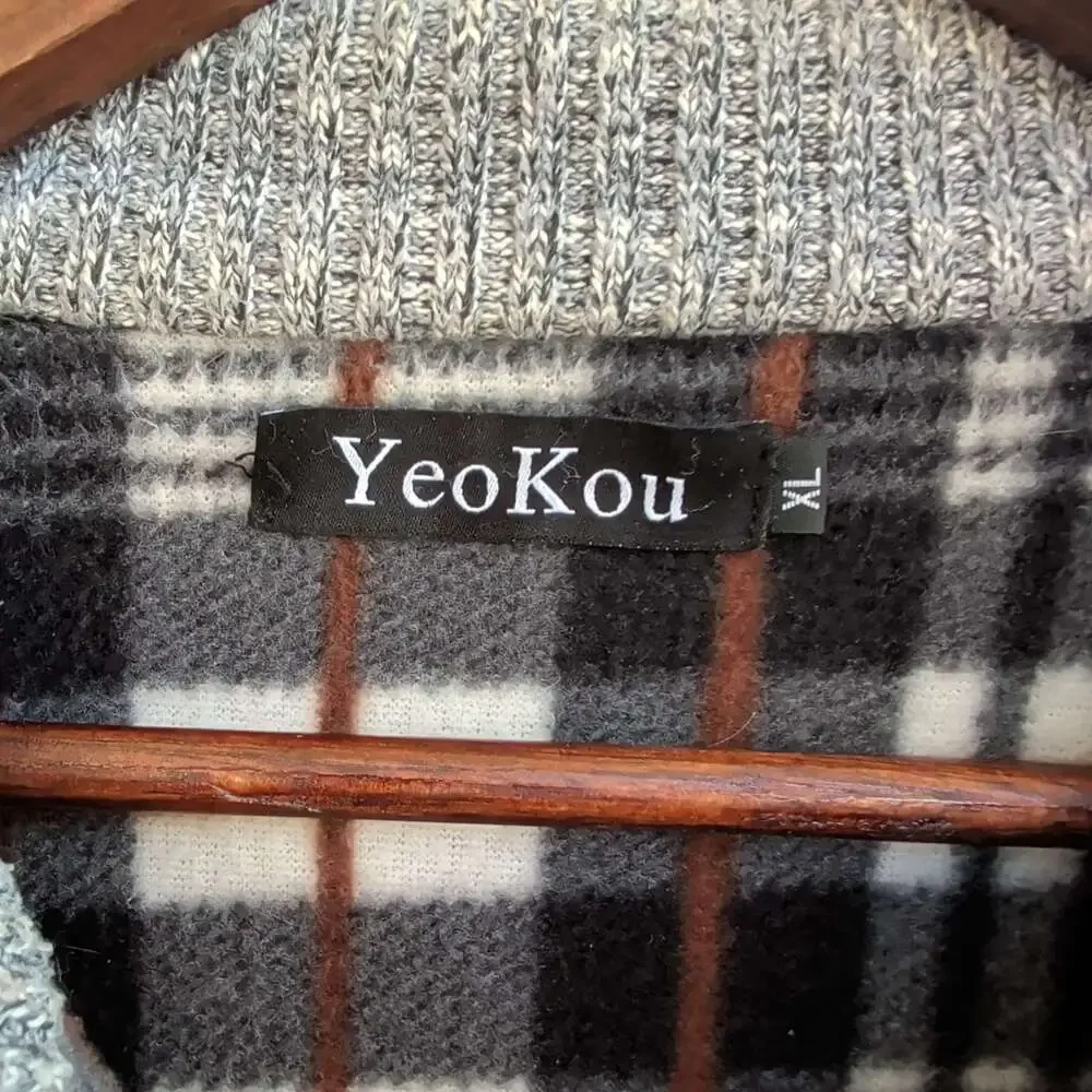 YeoKou Full Zip Cardigan Sweater Mens L Burgundy Plaid Lined Cashmere Blend